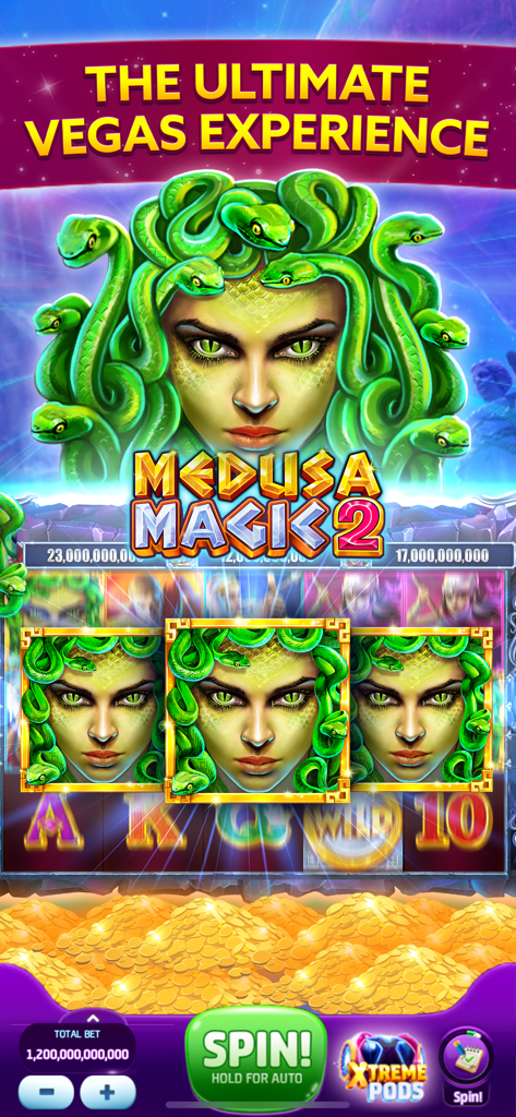 Machine à sous sur le thème Medusa Magic 2 dans Slotomania avec des graphismes haute fidélité et des pièces d'or.