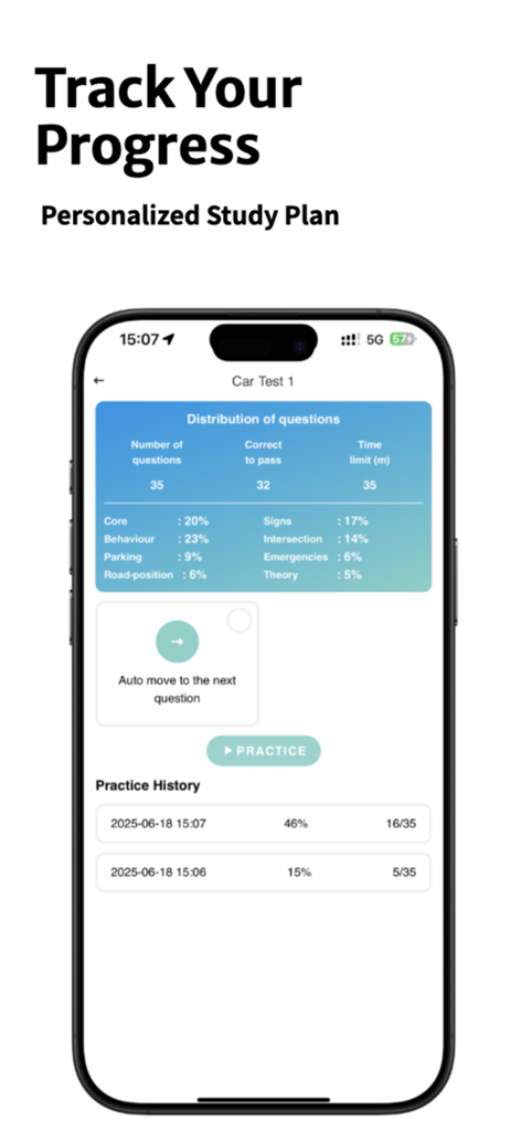 NZ Driving Theory Test PRO - Ecrã da aplicação NZ Driving Theory Test mostrando o plano de estudo personalizado e o rastreamento do histórico de prática