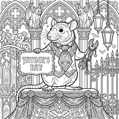 Discover a truly unique Father's Day gift with this intricate coloring page featuring a distinguished rat in a Gothic setting. This design blends classic Victorian elegance with a touch of dark whimsy, perfect for a memorable coloring experience.