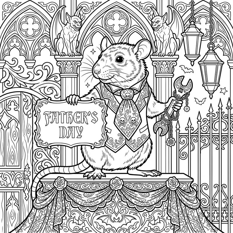 Discover a truly unique Father's Day gift with this intricate coloring page featuring a distinguished rat in a Gothic setting. This design blends classic Victorian elegance with a touch of dark whimsy, perfect for a memorable coloring experience.