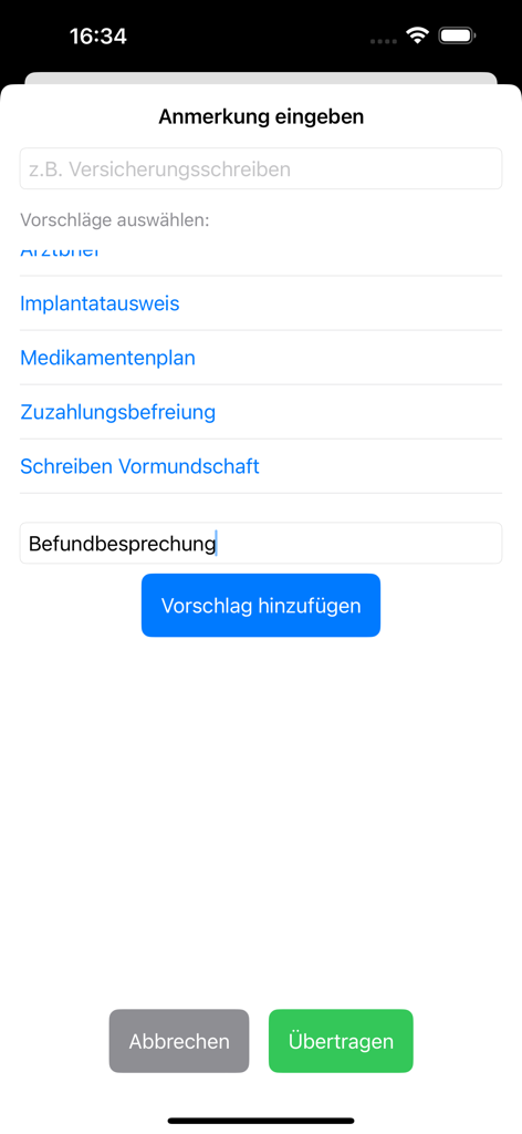 DENStext mobile App-Bildschirm zur Eingabe klinischer Notizen mit Vorschlägen zur zahnärztlichen Dokumentation