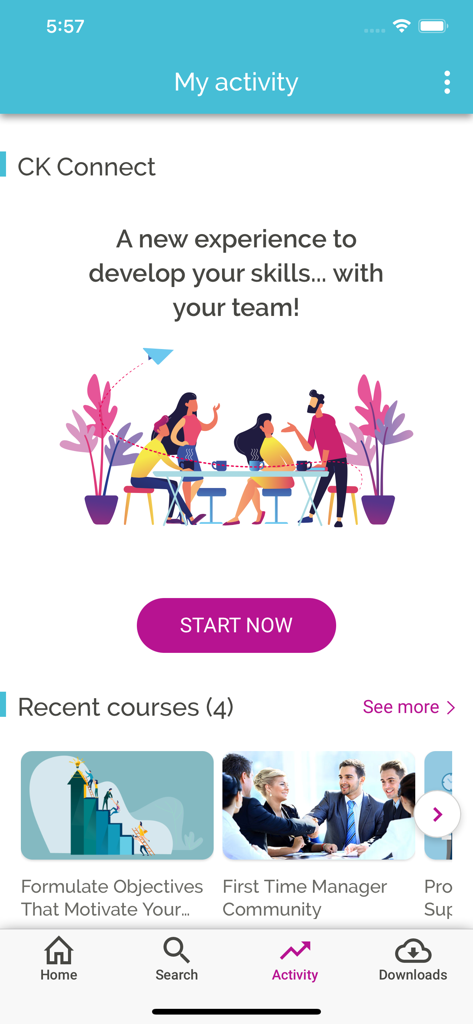 My Learning App - Tableau de bord d'activité de My Learning App montrant des cours de développement professionnel et un bouton de démarrage pour CK Connect
