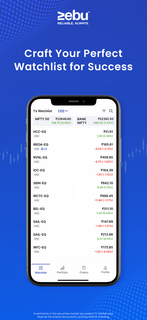 MYNT by Zebu - Invest & Trade - Pantalla de teléfono móvil que muestra una lista de seguimiento de acciones personalizada en la aplicación de trading MYNT by Zebu