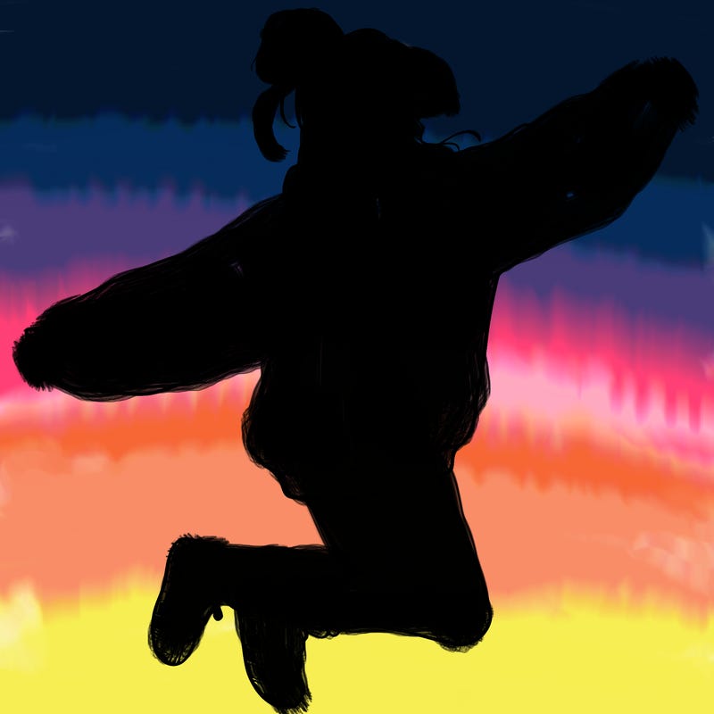 realistic girl jumping with a bun and oversized sweatshirt
