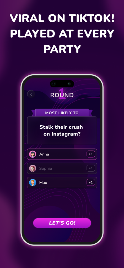 Interfaz del juego de fiesta Most Likely To mostrando una pregunta sobre hábitos en redes sociales