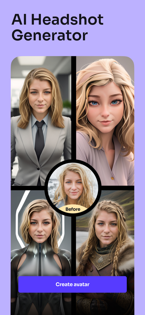 Gerador de retratos com IA criando avatares profissionais e artísticos a partir de uma foto