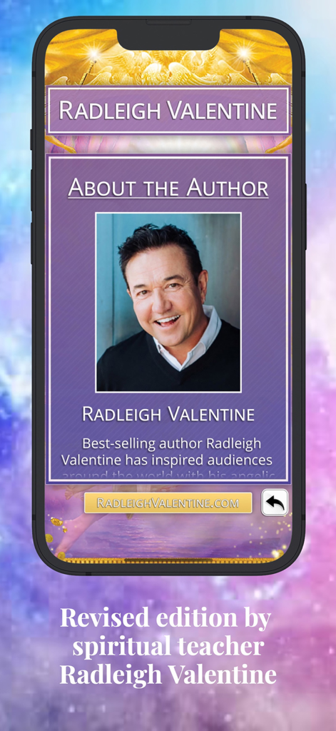 Angel Answers Oracle Cards - About the Author page featuring Radleigh Valentine in the Angel Answers Oracle Cards app