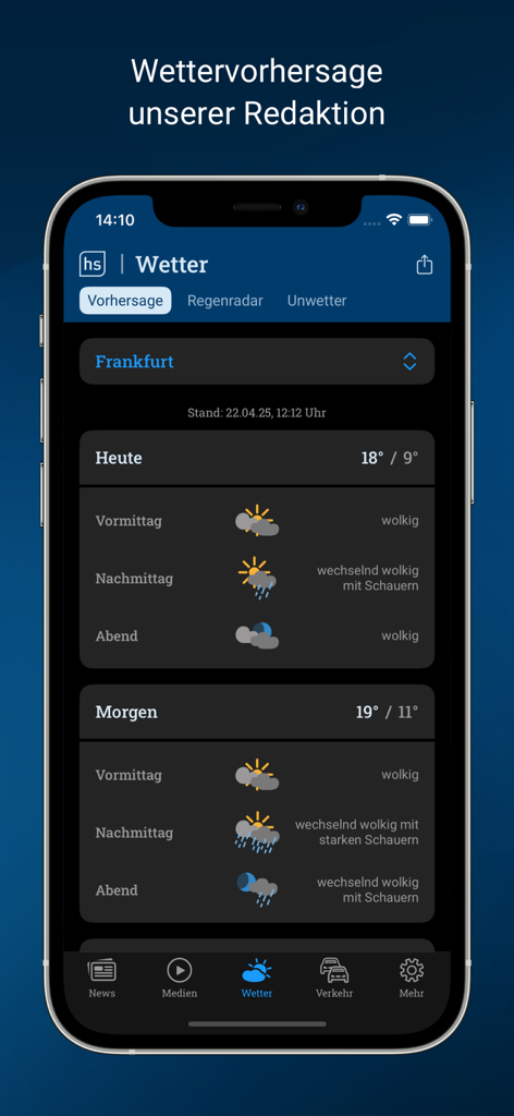 Une prévision météo pour Francfort affichée dans l'application d'actualités Hessenschau en mode sombre