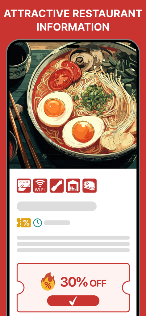 Halal Gourmet Japan - Restaurant details page in Halal Gourmet Japan app featuring a ramen bowl and a thirty percent discount coupon