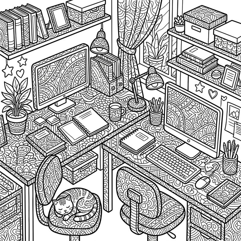 Dive into a world of intricate patterns with this Zentangle coloring page featuring two charming bedroom desks. Perfect for those who love detailed designs and a cozy study atmosphere.