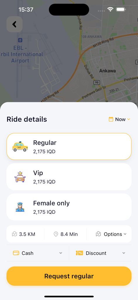 Mr.Taxi mobile app screen showing ride selection for Regular, VIP, and Female-only taxis with price and estimated time.
