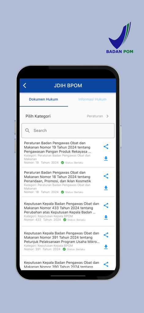 BPOMモバイルアプリの画面に、インドネシアの医薬品および食品規制と法的文書のリストが表示されています。