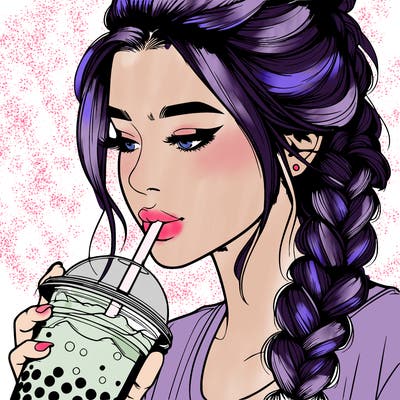 realistic girl drinking boba tea with braided hair