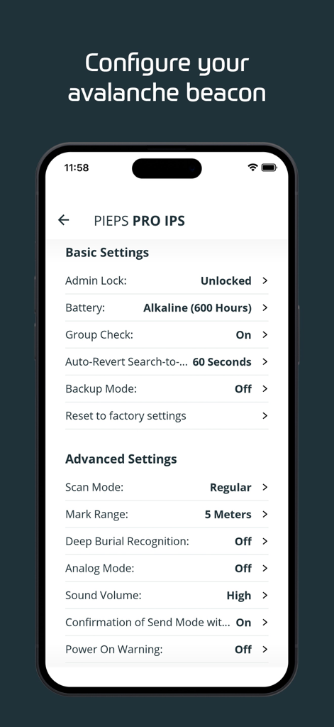 PIEPS - Smartphone screen displaying basic and advanced settings for a PIEPS avalanche beacon device