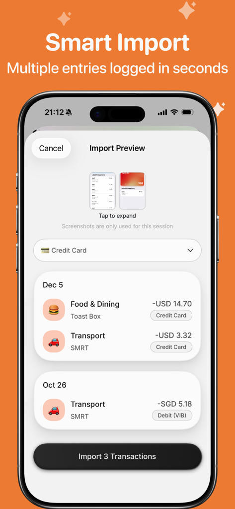 Finny: AI Money Tracker - Screenshot von Finny KI-Geldverfolgung, der die Smart-Import-Funktion mit drei protokollbereiten Transaktionen zeigt.