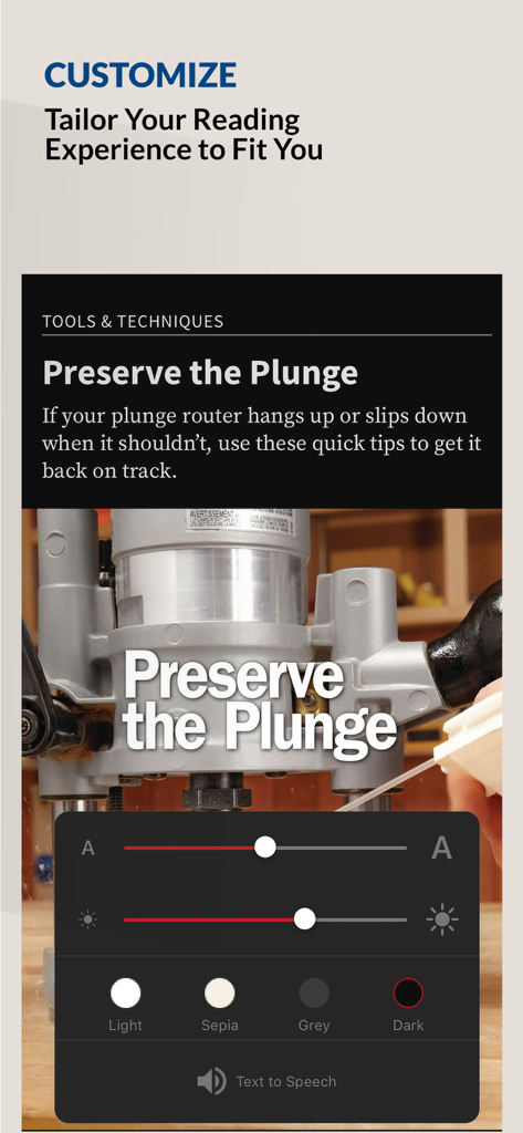 Wood Magazine app interface showing reading customization options like font size and theme