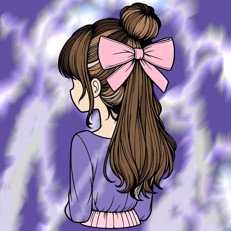 realistic girl  with hip length hair a bun and a big bow on the back of head
