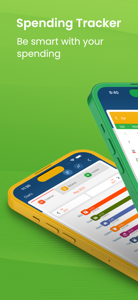 Spending Tracker and Manager - Spending Tracker mobile app interface showing expense categories and financial charts on two smartphones