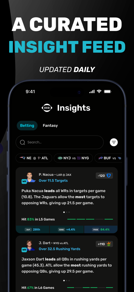 Una captura de pantalla móvil de la aplicación RotoBot que muestra un feed curado de información diaria sobre pronósticos de apuestas deportivas y tasas de acierto.