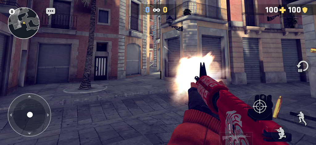 First person view of a player firing a red assault rifle in an urban street map in Critical Ops