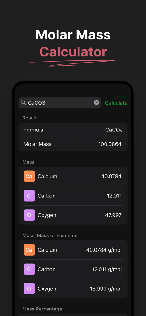 Chem AI: Chemistry Solver - Molar mass calculator interface in the Chem AI app showing results for Calcium Carbonate