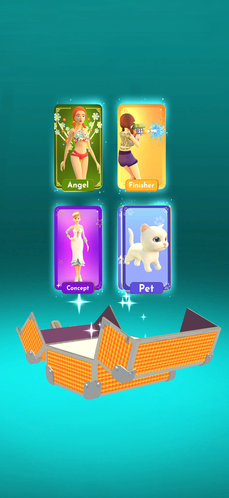 Four stylized cards showing different character outfits and a pet emerging from a golden trunk in Fashion Battle