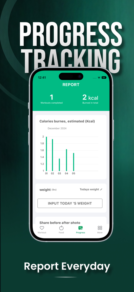 30 Day Butt Challenge Pro - Fitness progress tracking screen showing calories burned and weight monitoring.
