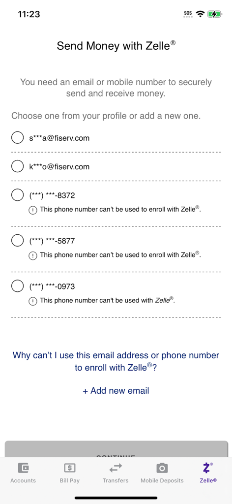 Prosperity Mobile Banking - Prosperity Mobile Banking app screen for selecting an email address or phone number to enroll in Zelle money transfers