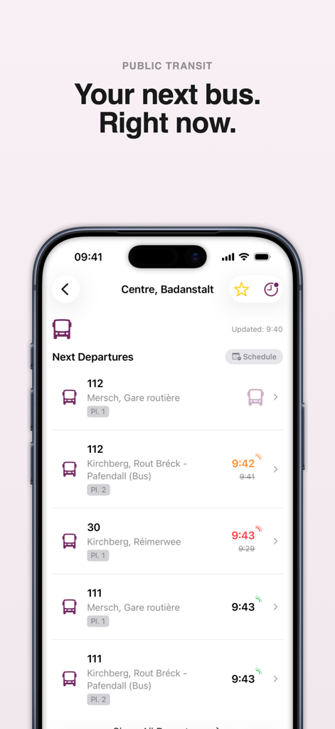 Luxempoche - Écran de smartphone montrant les départs de bus en temps réel au Luxembourg avec l'application Luxempoche