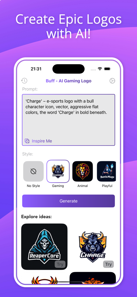 Interface do aplicativo Buff AI Gaming Logo Maker mostrando como gerar um logo de e-sports com um prompt de IA e seleção de estilo