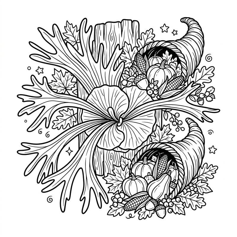 Discover a stunning coloring page featuring a magnificent staghorn fern beautifully integrated with abundant Thanksgiving harvest elements. Perfect for celebrating autumn and gratitude with a unique artistic touch.