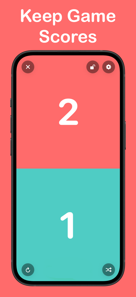 Scoreboard - Score Counter - Digital scoreboard app showing a score of 2 to 1 on a split screen interface