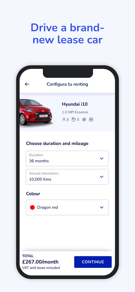 OK Mobility - Interface de l'application OK Mobility pour configurer un leasing de voiture montrant une Hyundai i10 rouge avec le prix mensuel et les options de durée