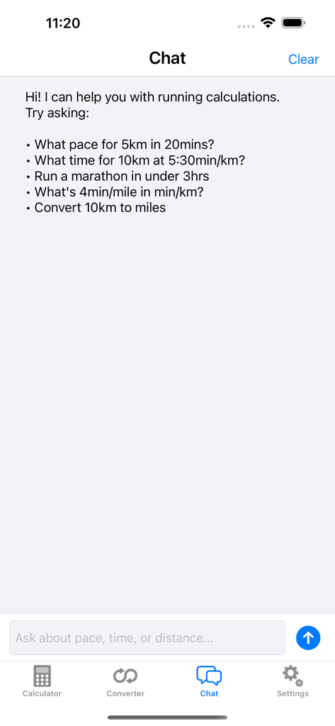 Pace Calculator - Screenshot of the Pace Calculator app's smart chat interface showing examples of running-related queries for pace and distance calculations.