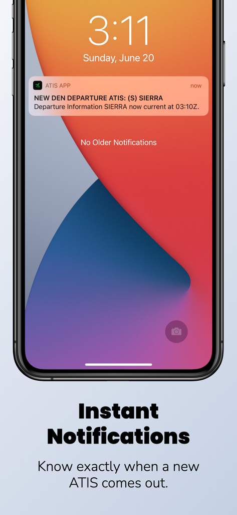 Pantalla de bloqueo de un iPhone mostrando una notificación push de la ATIS App con una nueva actualización de salida para el aeropuerto de Denver.
