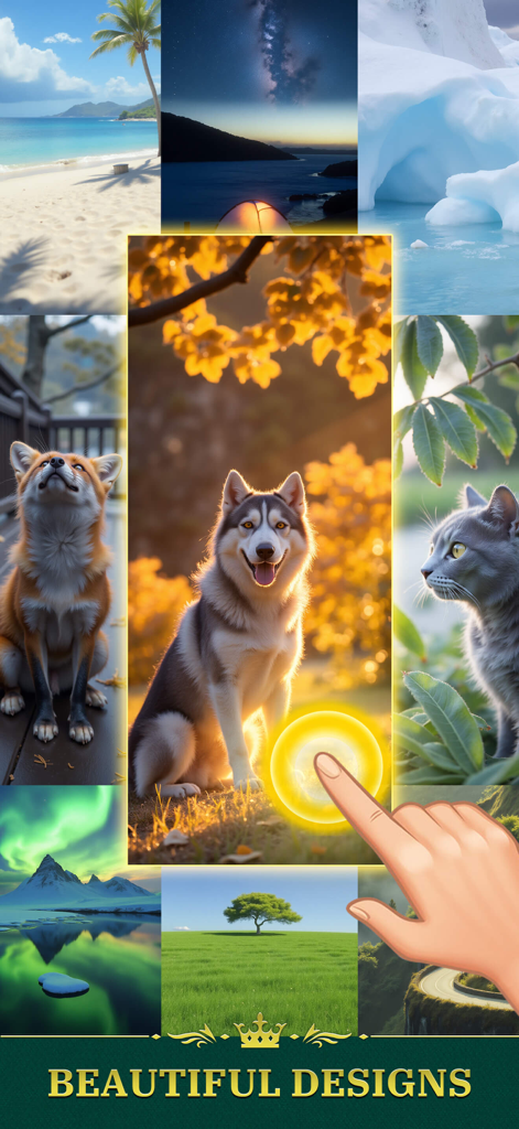 Collage of beautiful solitaire background themes including animals and nature landscapes