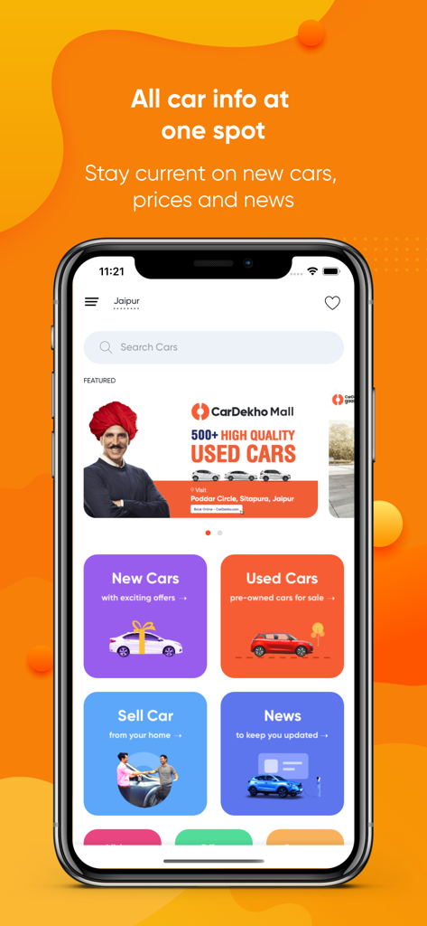 CarDekho app home screen showing new and used car services