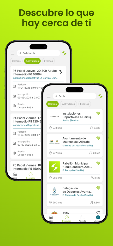 Interfaz de la aplicación móvil Sporttia mostrando resultados de búsqueda de centros y actividades deportivas