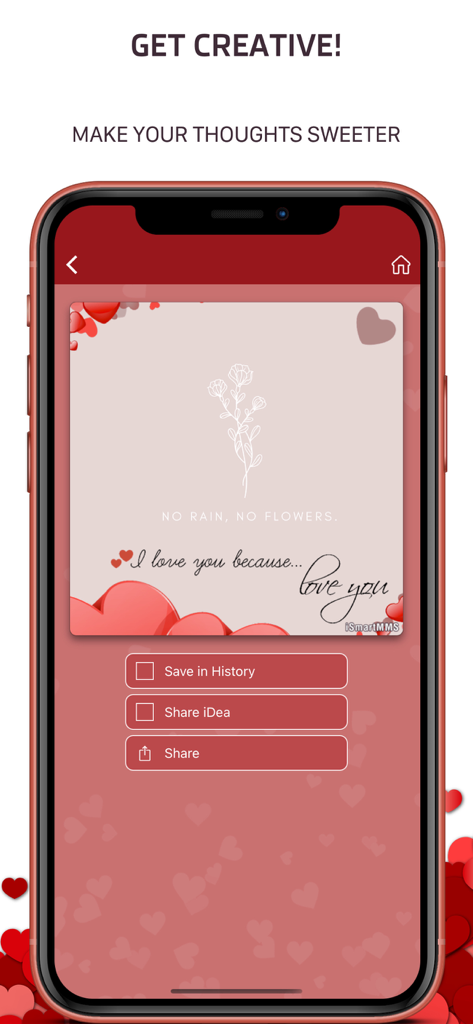 Pantalla de smartphone mostrando un diseño de tarjeta de amor personalizada con arte floral y botones para compartir