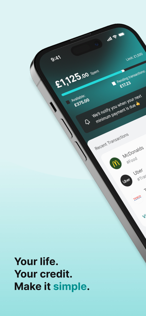 Jaja Credit Card - Un smartphone affichant le tableau de bord de l'application carte de crédit Jaja avec un résumé des dépenses et les transactions récentes.
