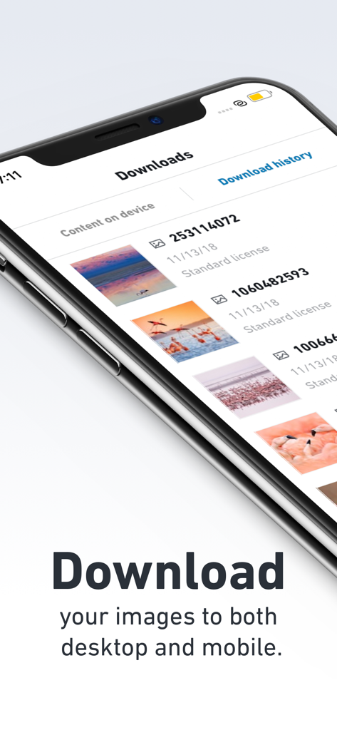 Shutterstock app downloads history screen showing licensed images on a mobile device