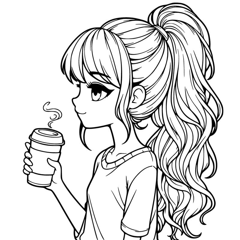 realistic girl with a ponytail and coffee