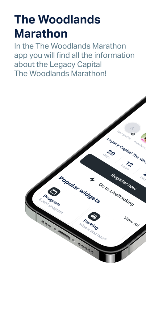 The Woodlands Marathon - The Woodlands Marathon mobile app interface showing event registration and live tracking features