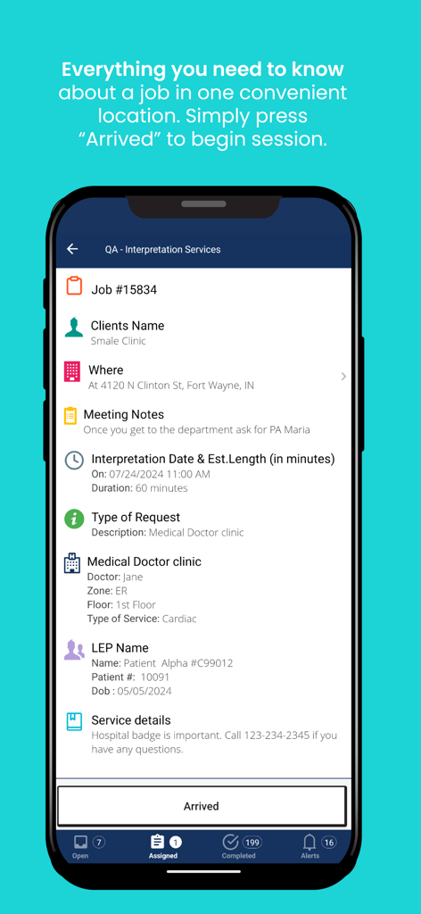 Propio Workforce OS - Interfaz de la aplicación Propio Workforce OS que muestra información detallada del trabajo para una sesión de intérprete