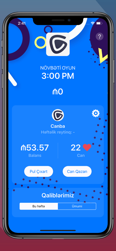 Canba - Panel de la aplicación de trivia en vivo de Canba que muestra el saldo en efectivo del usuario y el horario del próximo juego