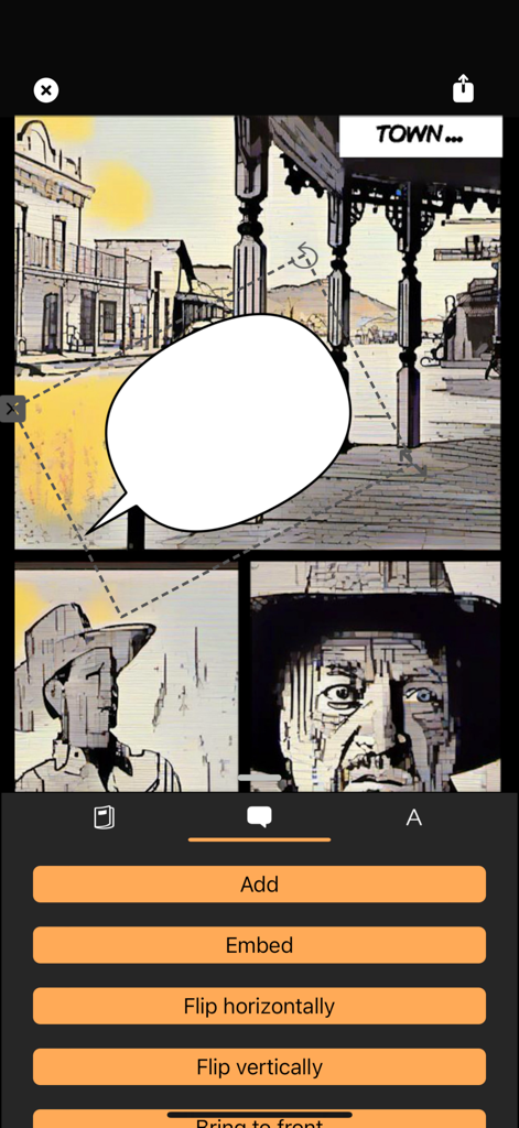 Stylo - AI Comic Artist - A comic book page being edited in the Stylo app with multiple panels and a speech bubble.