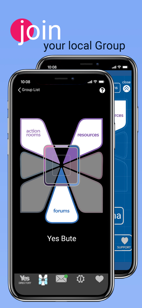 IndyApp for Yes - Interface of the IndyApp for Yes mobile application showing a local group page with navigation options for action rooms and forums