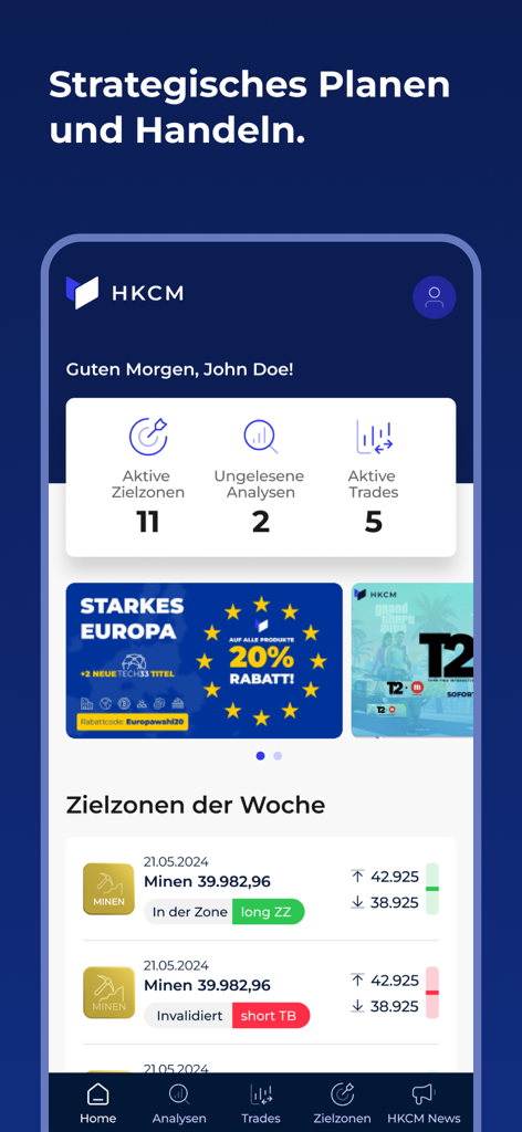 HKCM - HKCM mobile app home screen showing investment statistics and market analysis in German