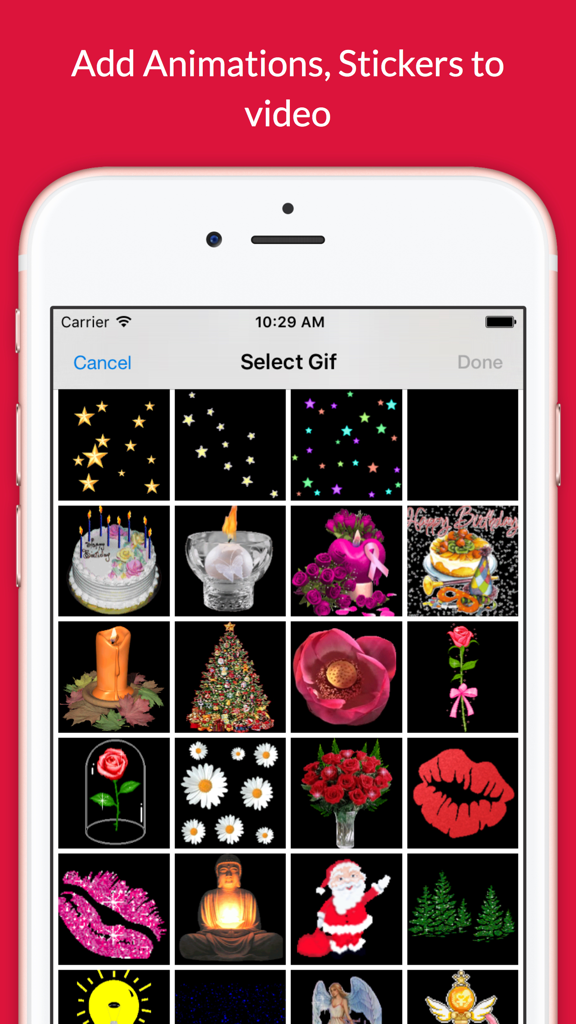 Video Cache - Editor & Maker - A menu in the Video Cache app showing a grid of animated stickers and GIFs for video editing.