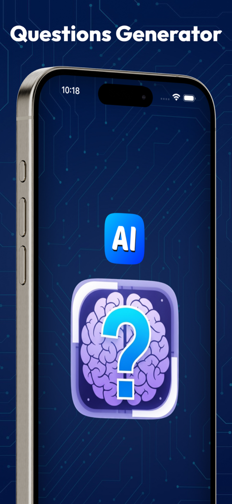 Questions Generator - AI Quiz - Questions Generator AI Quiz app logo with a brain and question mark icon displayed on a smartphone screen